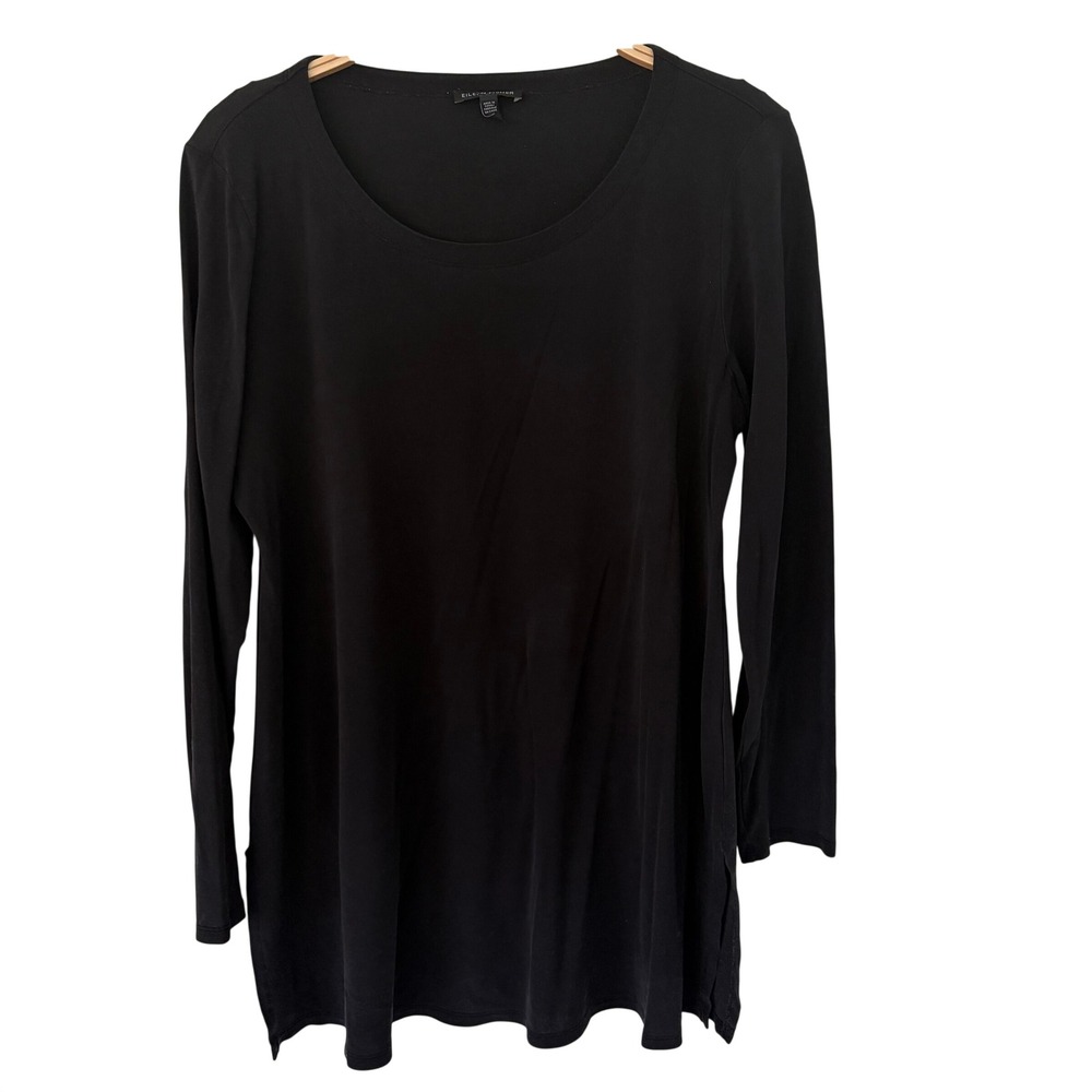 Eileen Fisher Black 100% Silk Jersey Scoop Neck Long Sleeve Tunic Top Large
